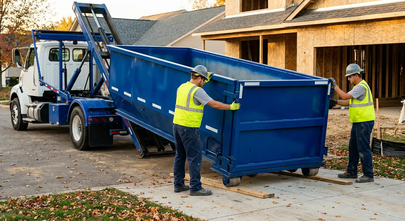 Roll-off dumpster delivery truck in residential area in Orlando, FL